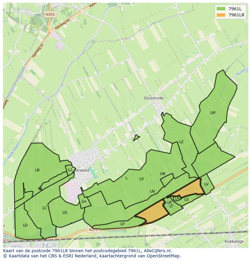 Afbeelding van het postcodegebied 7961 LR op de kaart.