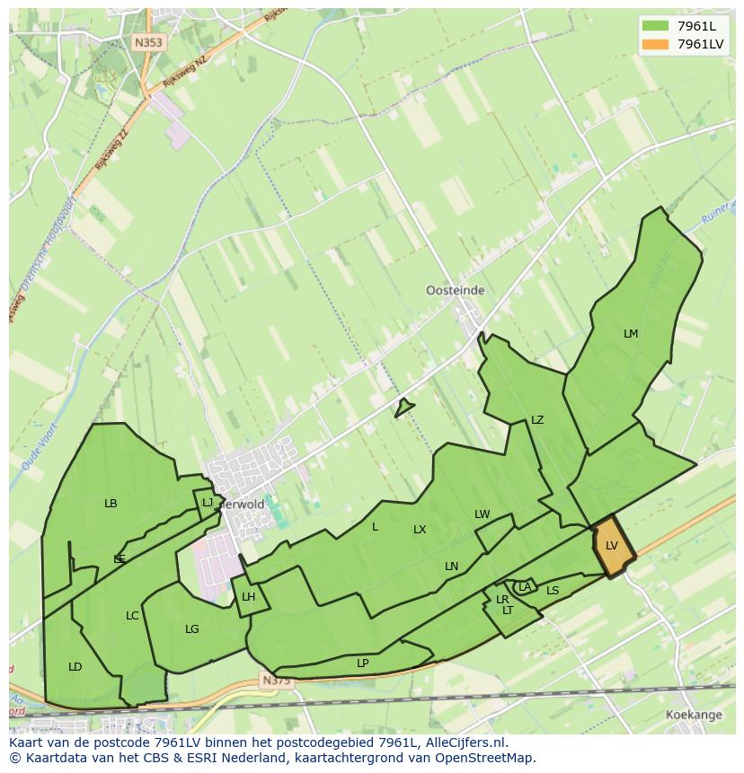 Afbeelding van het postcodegebied 7961 LV op de kaart.