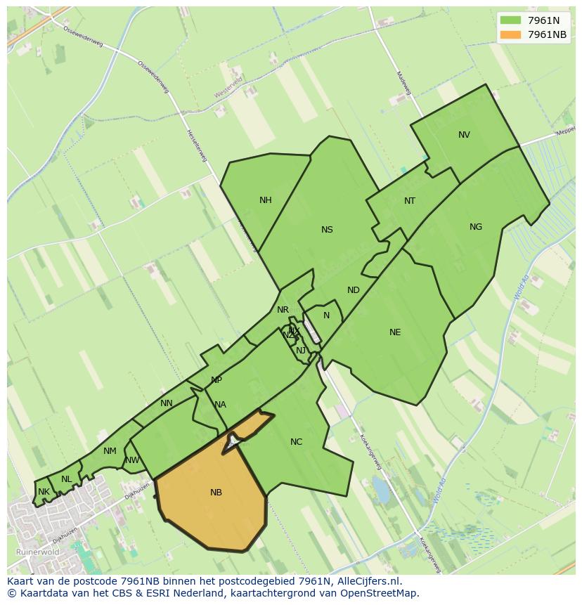 Afbeelding van het postcodegebied 7961 NB op de kaart.