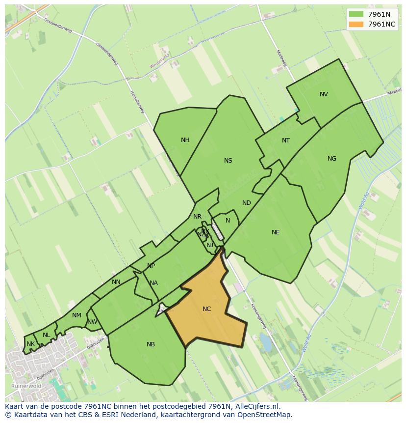 Afbeelding van het postcodegebied 7961 NC op de kaart.