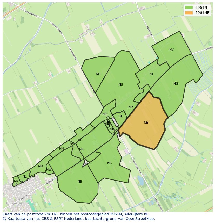 Afbeelding van het postcodegebied 7961 NE op de kaart.