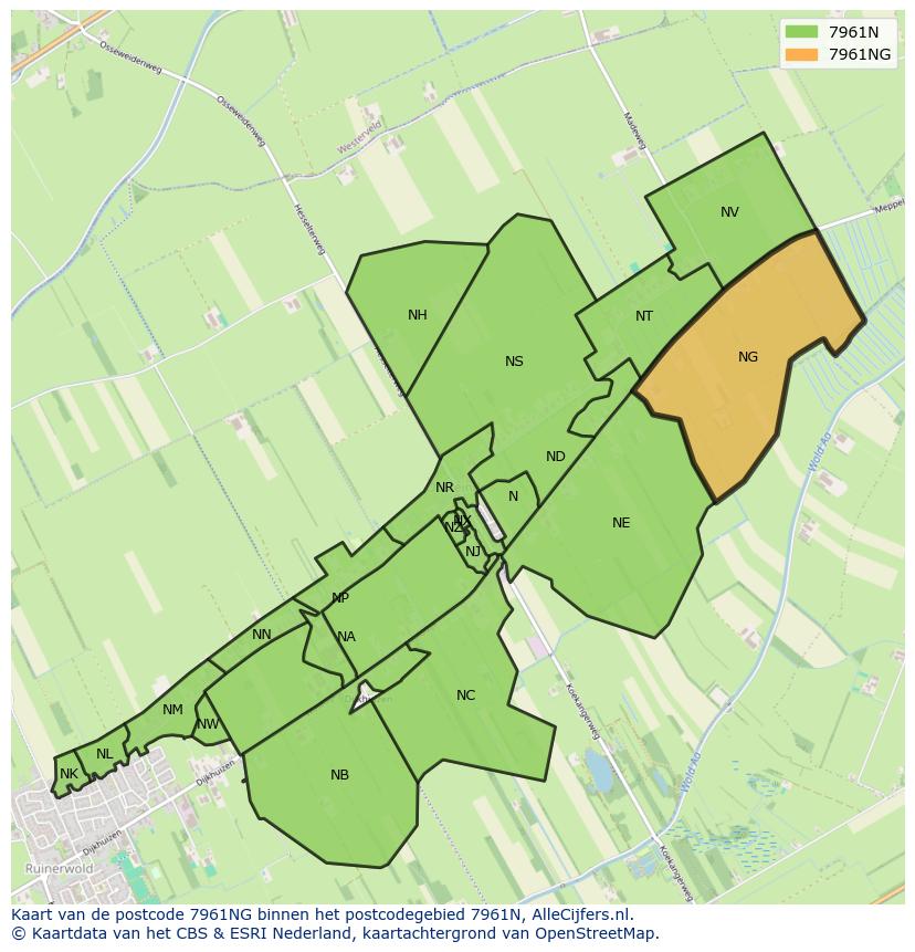 Afbeelding van het postcodegebied 7961 NG op de kaart.