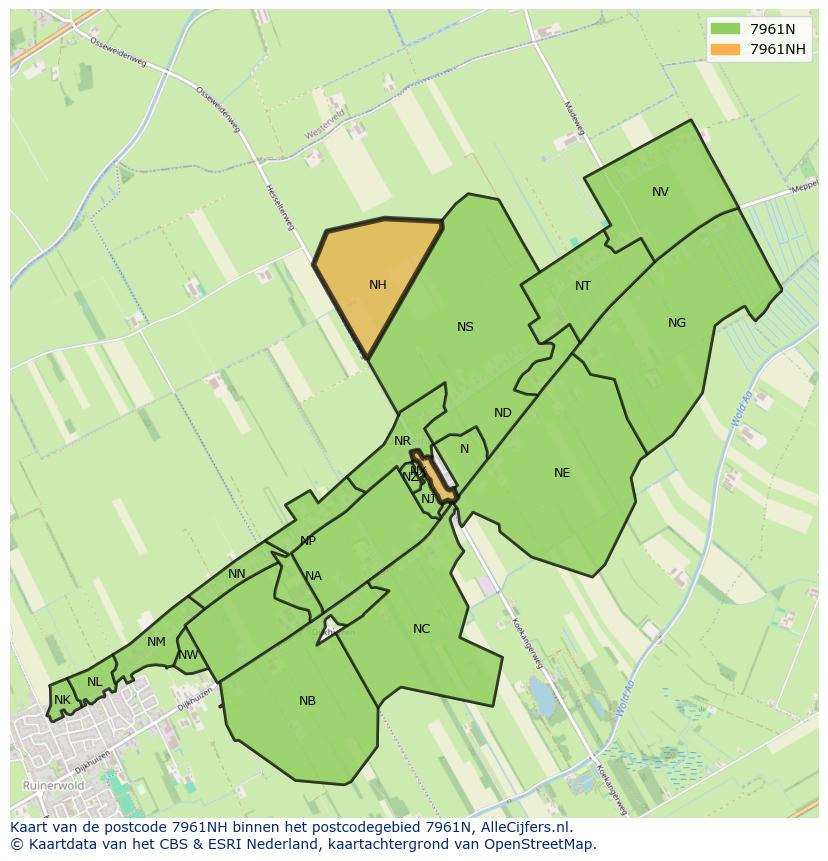 Afbeelding van het postcodegebied 7961 NH op de kaart.