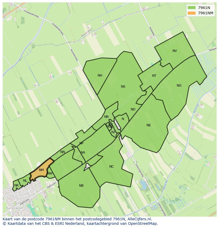Afbeelding van het postcodegebied 7961 NM op de kaart.