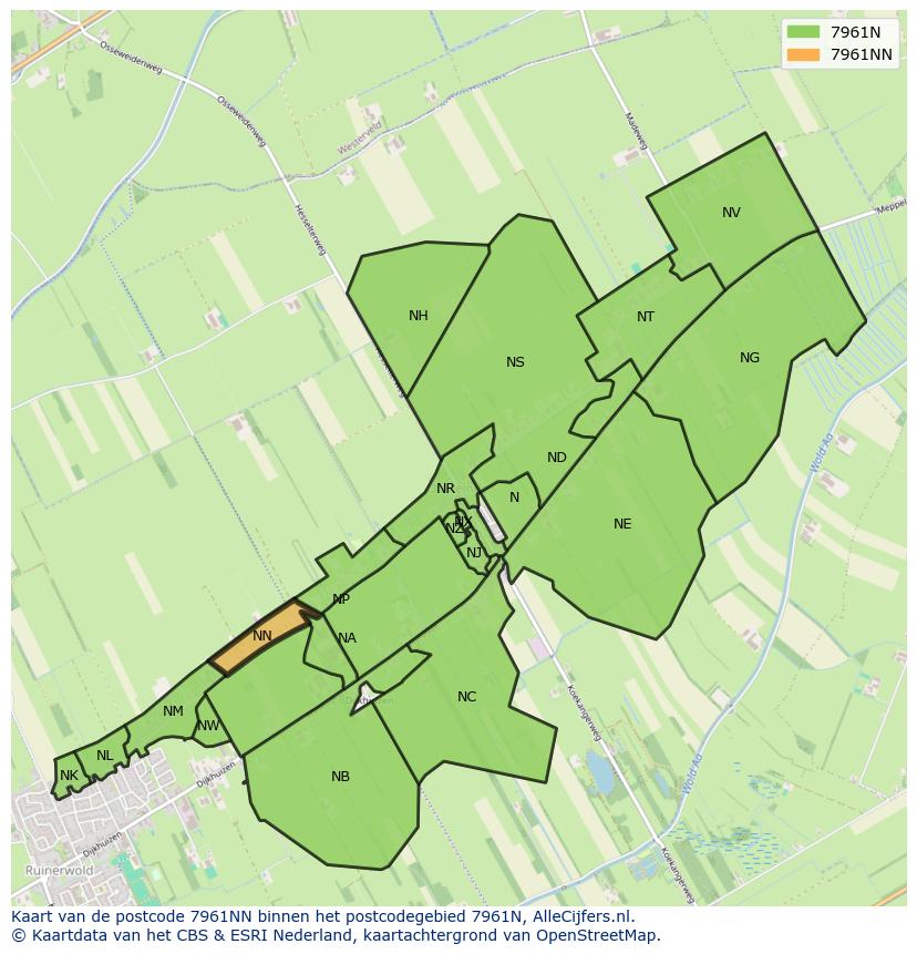 Afbeelding van het postcodegebied 7961 NN op de kaart.