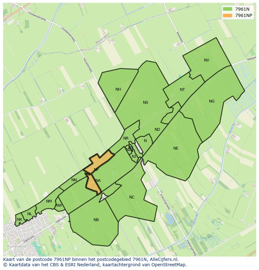 Afbeelding van het postcodegebied 7961 NP op de kaart.