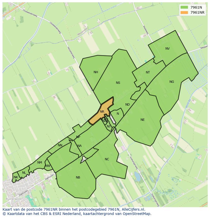 Afbeelding van het postcodegebied 7961 NR op de kaart.