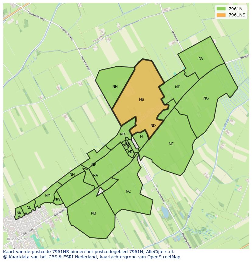 Afbeelding van het postcodegebied 7961 NS op de kaart.