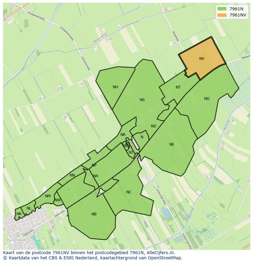 Afbeelding van het postcodegebied 7961 NV op de kaart.