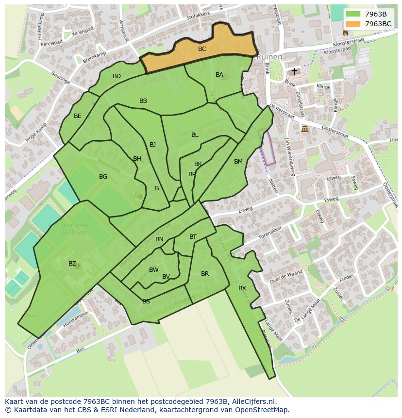Afbeelding van het postcodegebied 7963 BC op de kaart.