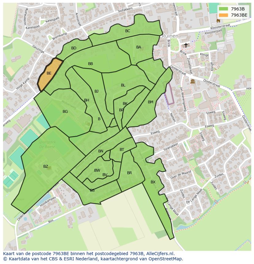 Afbeelding van het postcodegebied 7963 BE op de kaart.