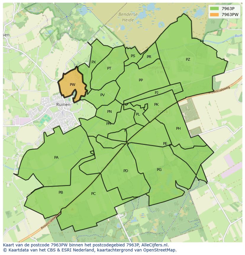 Afbeelding van het postcodegebied 7963 PW op de kaart.