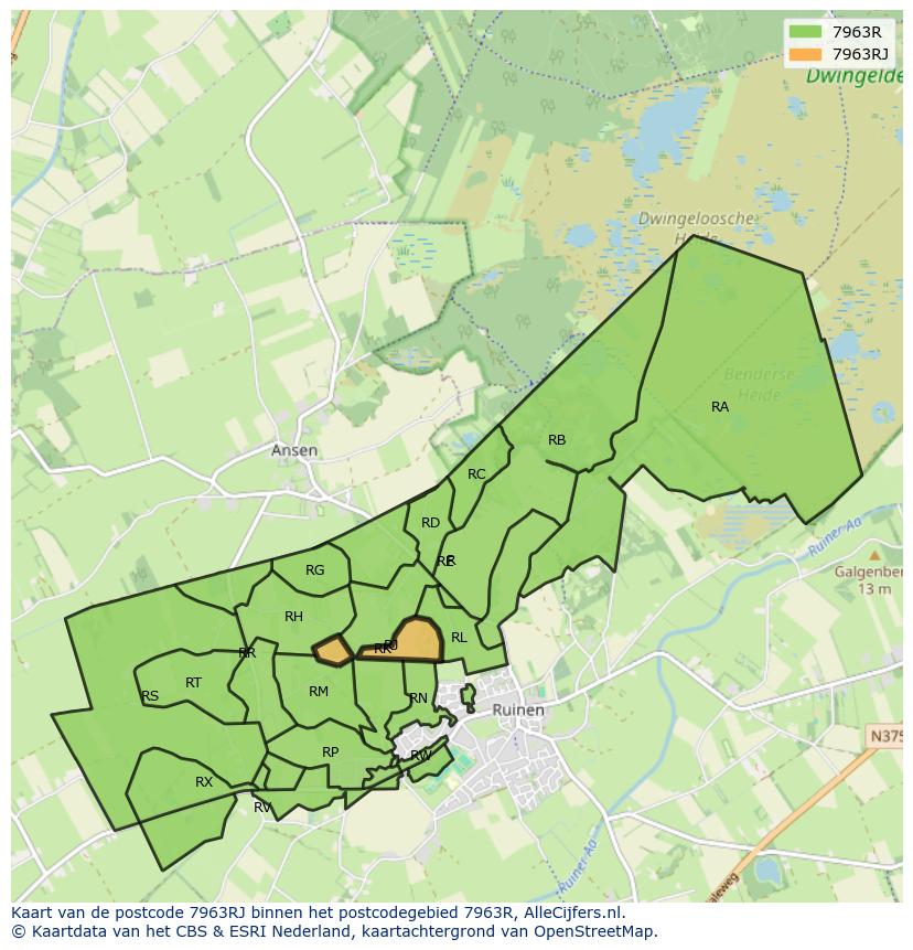 Afbeelding van het postcodegebied 7963 RJ op de kaart.