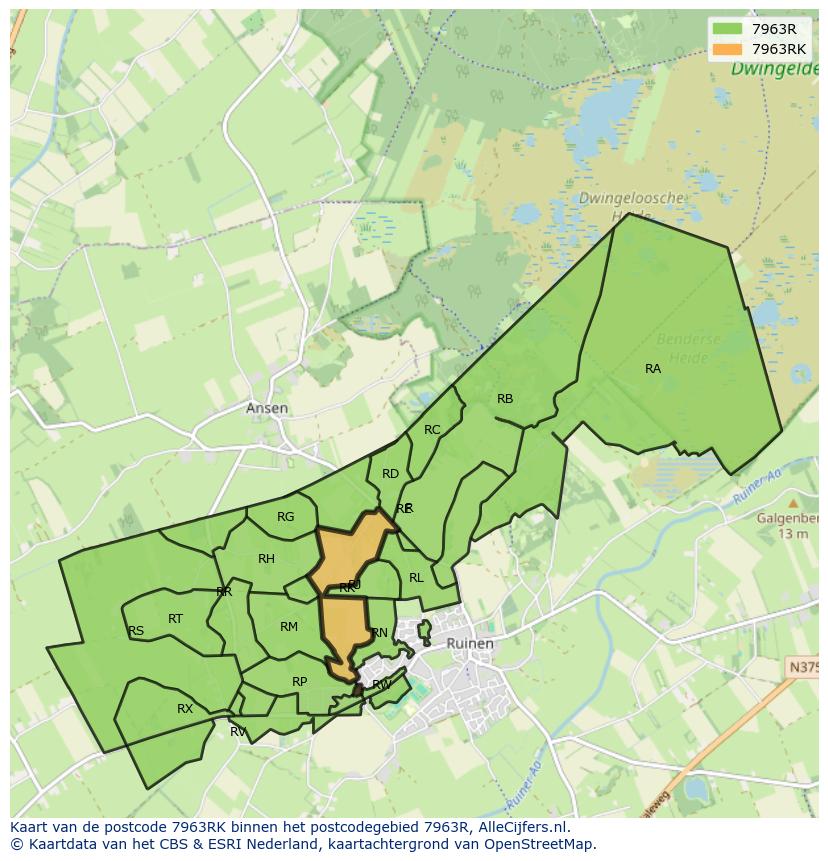 Afbeelding van het postcodegebied 7963 RK op de kaart.