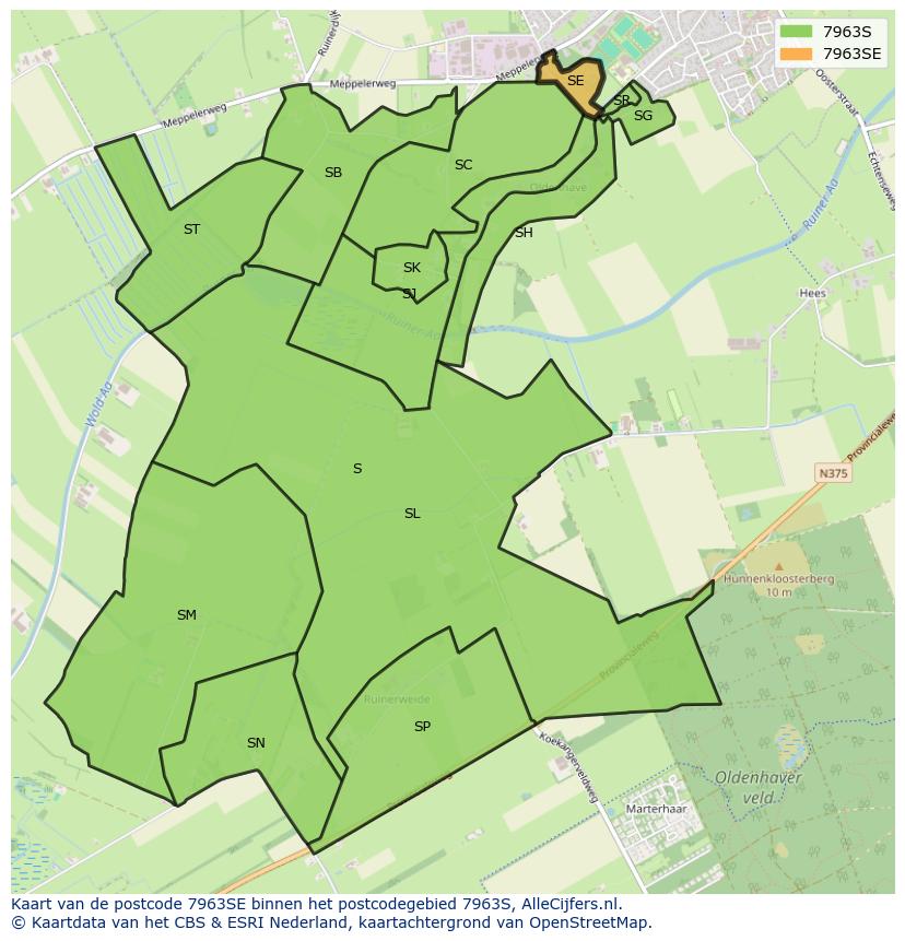 Afbeelding van het postcodegebied 7963 SE op de kaart.
