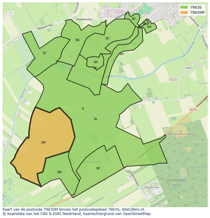 Afbeelding van het postcodegebied 7963 SM op de kaart.