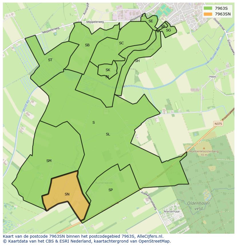 Afbeelding van het postcodegebied 7963 SN op de kaart.