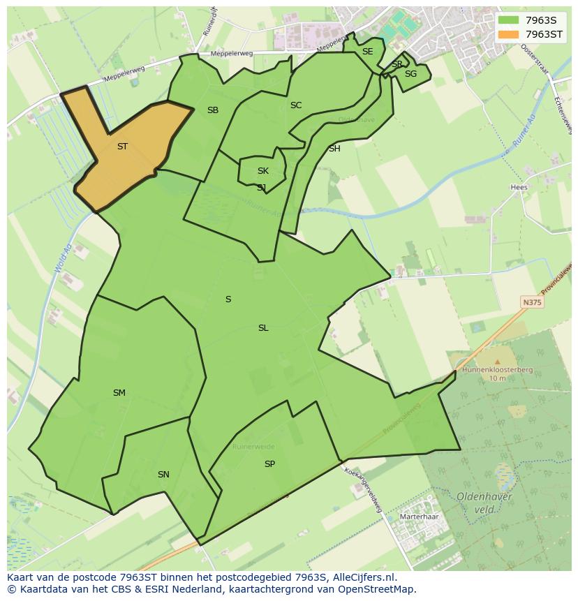 Afbeelding van het postcodegebied 7963 ST op de kaart.