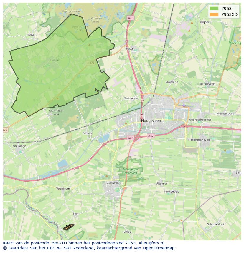 Afbeelding van het postcodegebied 7963 XD op de kaart.