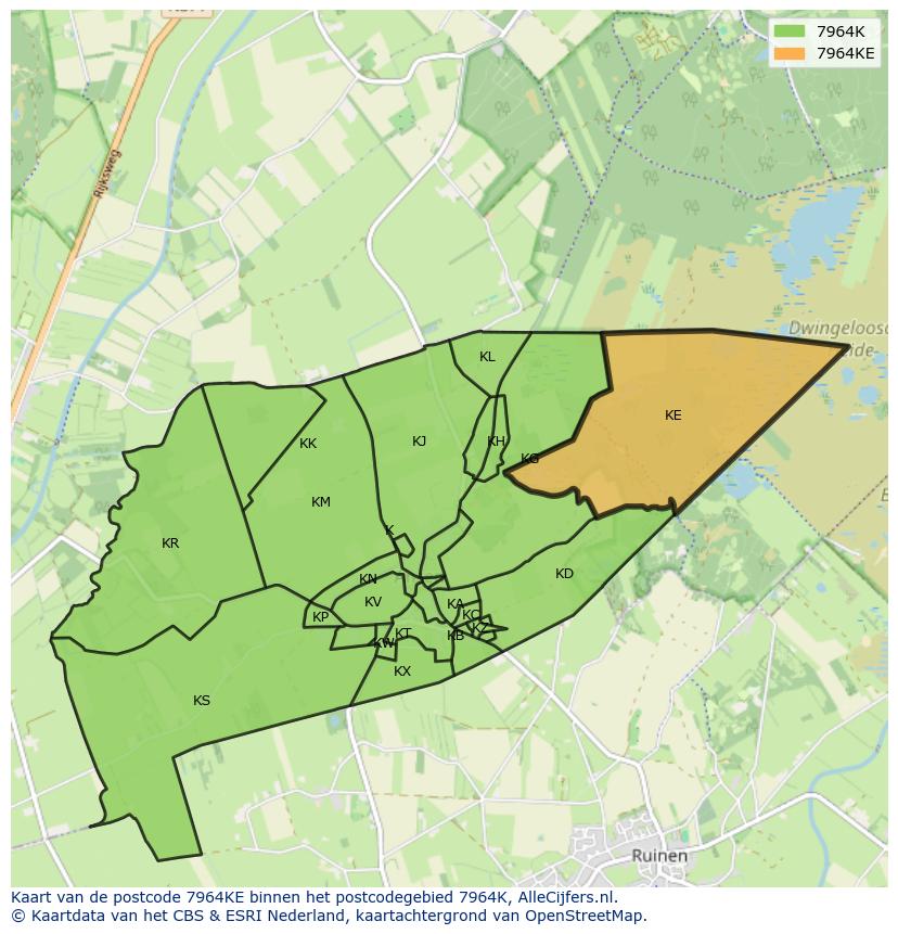 Afbeelding van het postcodegebied 7964 KE op de kaart.