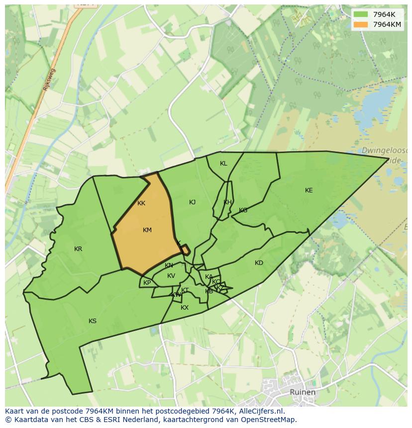 Afbeelding van het postcodegebied 7964 KM op de kaart.