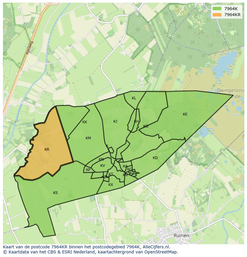 Afbeelding van het postcodegebied 7964 KR op de kaart.