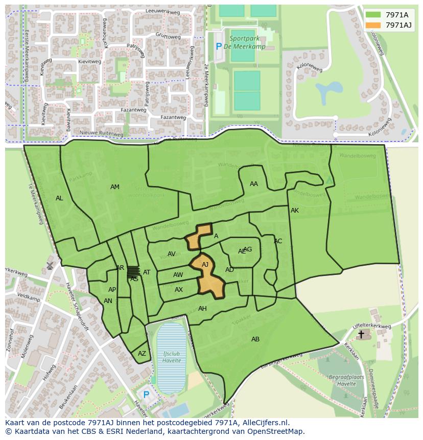 Afbeelding van het postcodegebied 7971 AJ op de kaart.
