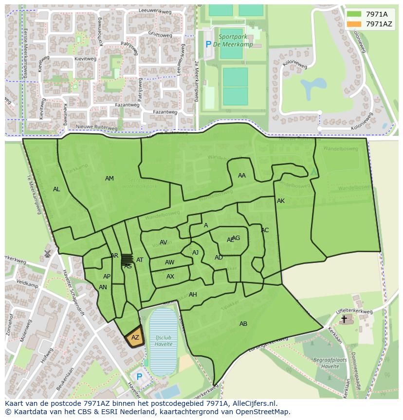 Afbeelding van het postcodegebied 7971 AZ op de kaart.