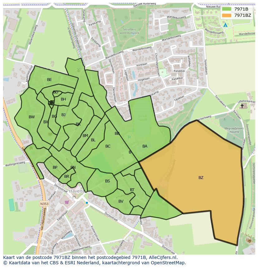 Afbeelding van het postcodegebied 7971 BZ op de kaart.
