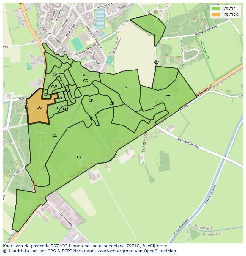 Afbeelding van het postcodegebied 7971 CG op de kaart.