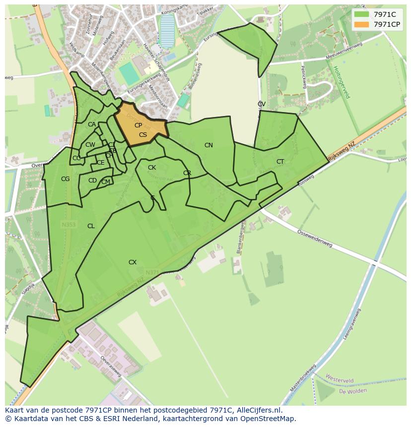 Afbeelding van het postcodegebied 7971 CP op de kaart.