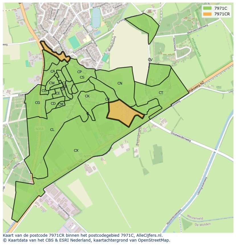 Afbeelding van het postcodegebied 7971 CR op de kaart.