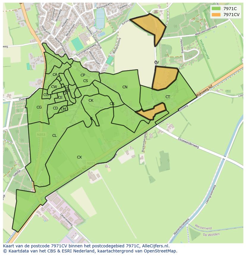 Afbeelding van het postcodegebied 7971 CV op de kaart.