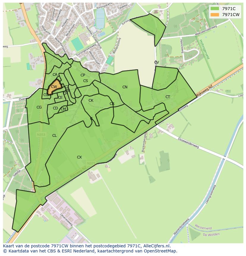 Afbeelding van het postcodegebied 7971 CW op de kaart.