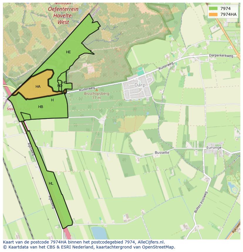 Afbeelding van het postcodegebied 7974 HA op de kaart.