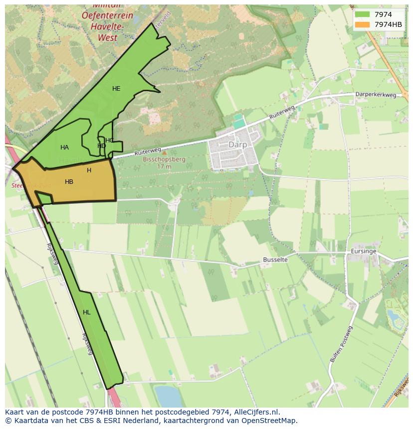 Afbeelding van het postcodegebied 7974 HB op de kaart.