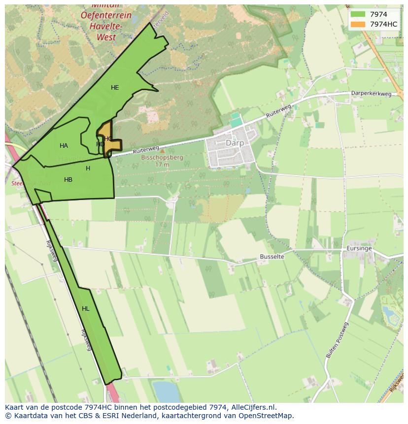 Afbeelding van het postcodegebied 7974 HC op de kaart.
