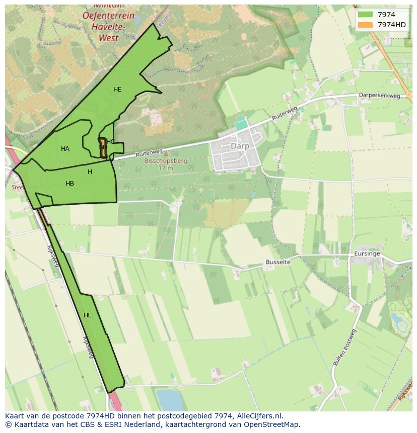 Afbeelding van het postcodegebied 7974 HD op de kaart.