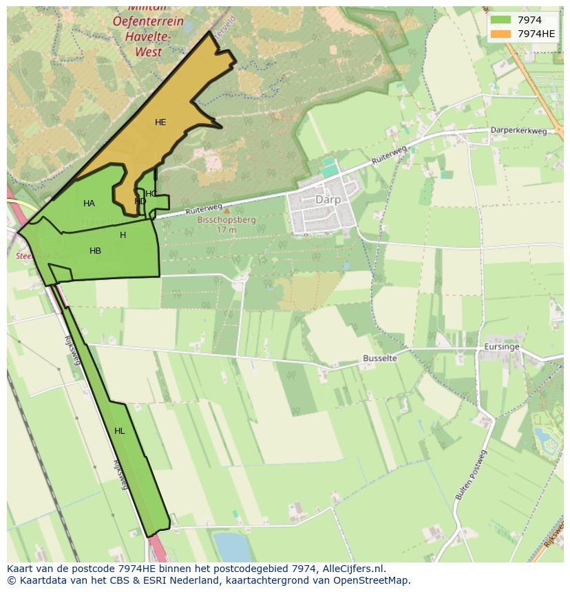Afbeelding van het postcodegebied 7974 HE op de kaart.