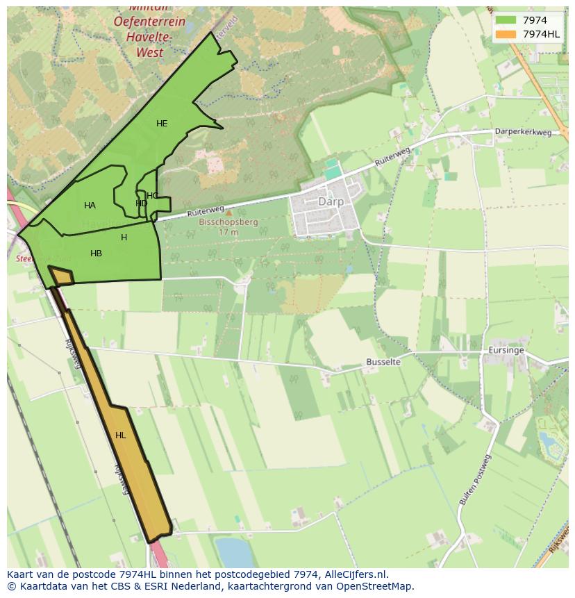 Afbeelding van het postcodegebied 7974 HL op de kaart.