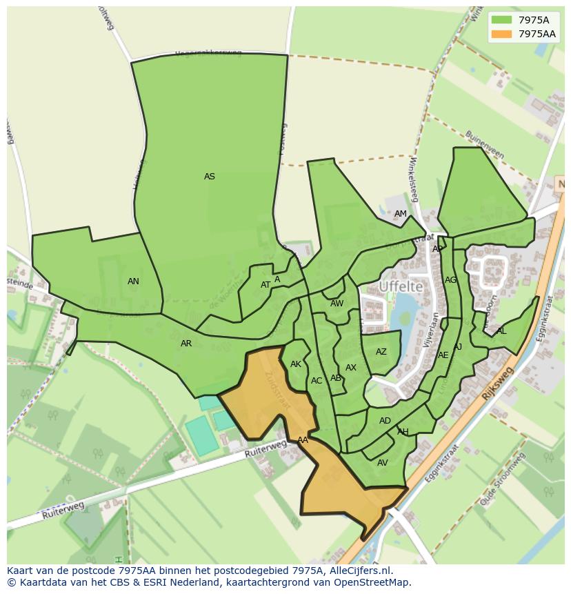 Afbeelding van het postcodegebied 7975 AA op de kaart.