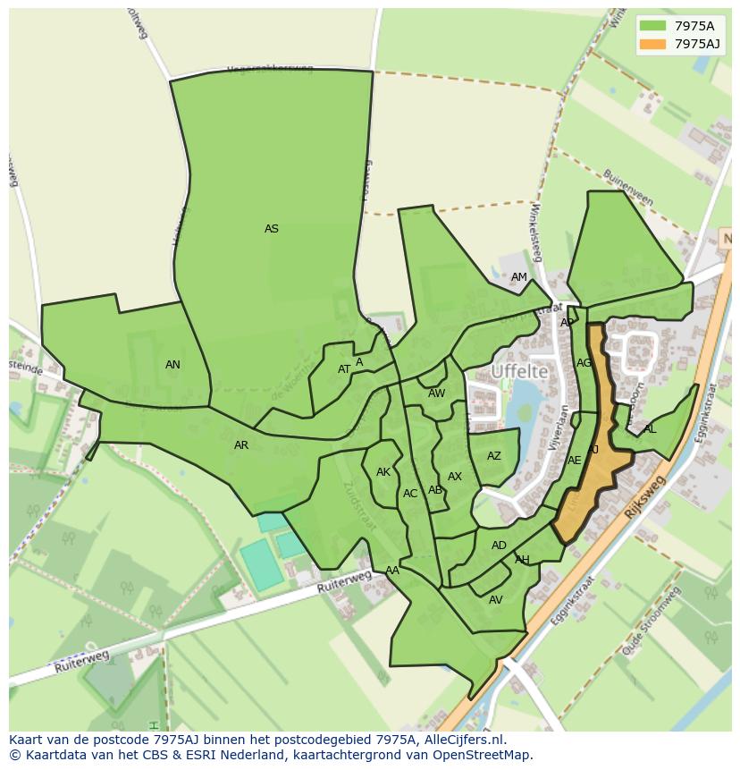 Afbeelding van het postcodegebied 7975 AJ op de kaart.