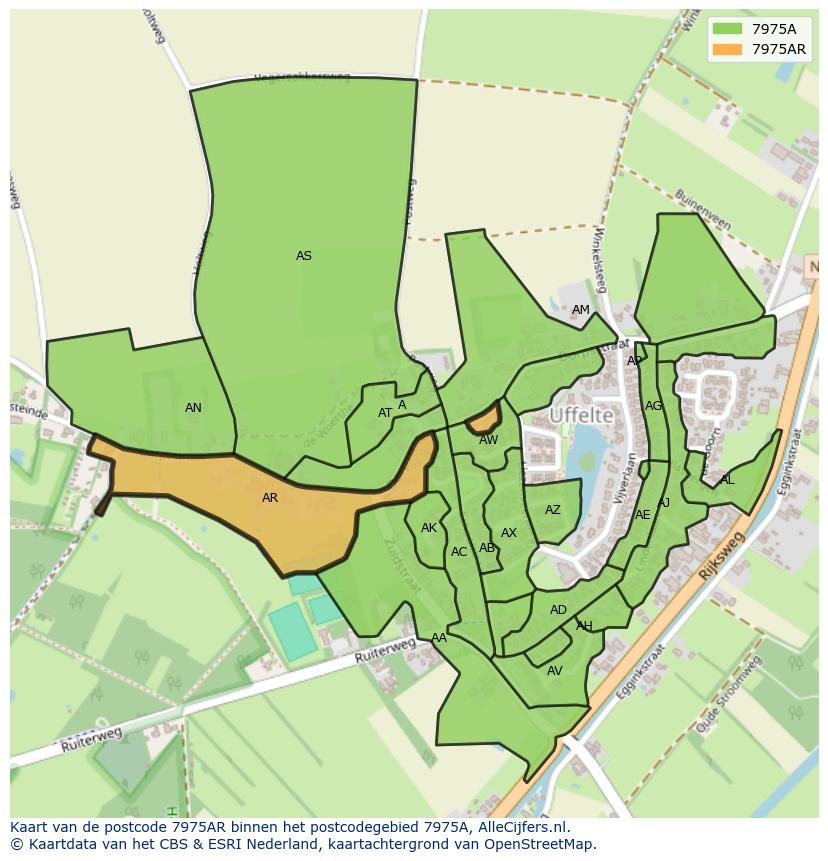 Afbeelding van het postcodegebied 7975 AR op de kaart.