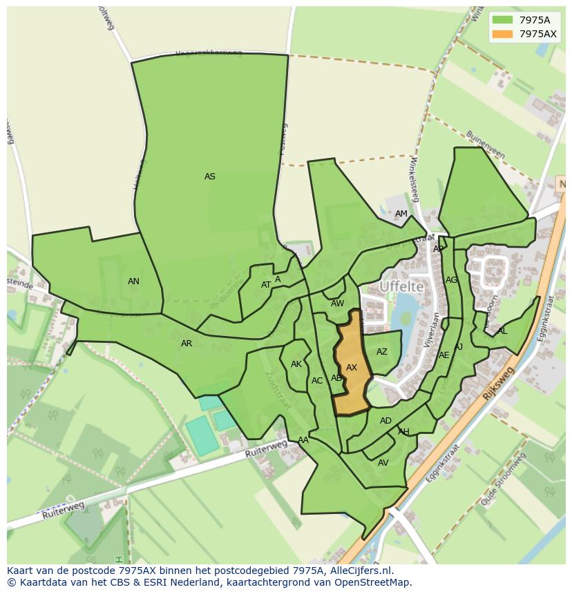 Afbeelding van het postcodegebied 7975 AX op de kaart.