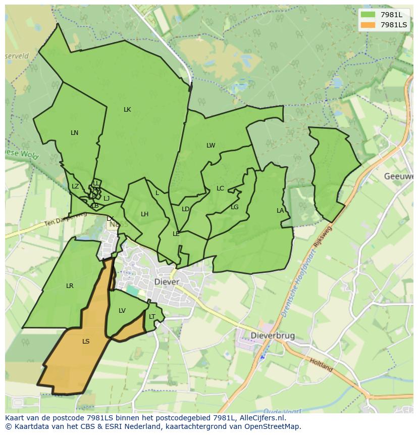 Afbeelding van het postcodegebied 7981 LS op de kaart.