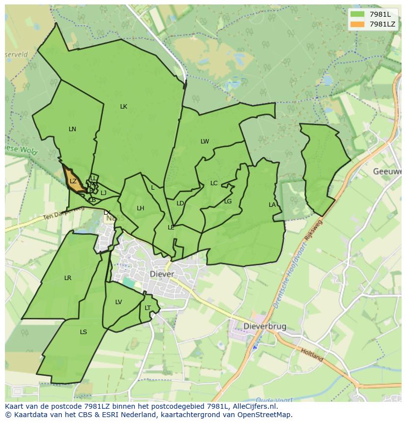 Afbeelding van het postcodegebied 7981 LZ op de kaart.