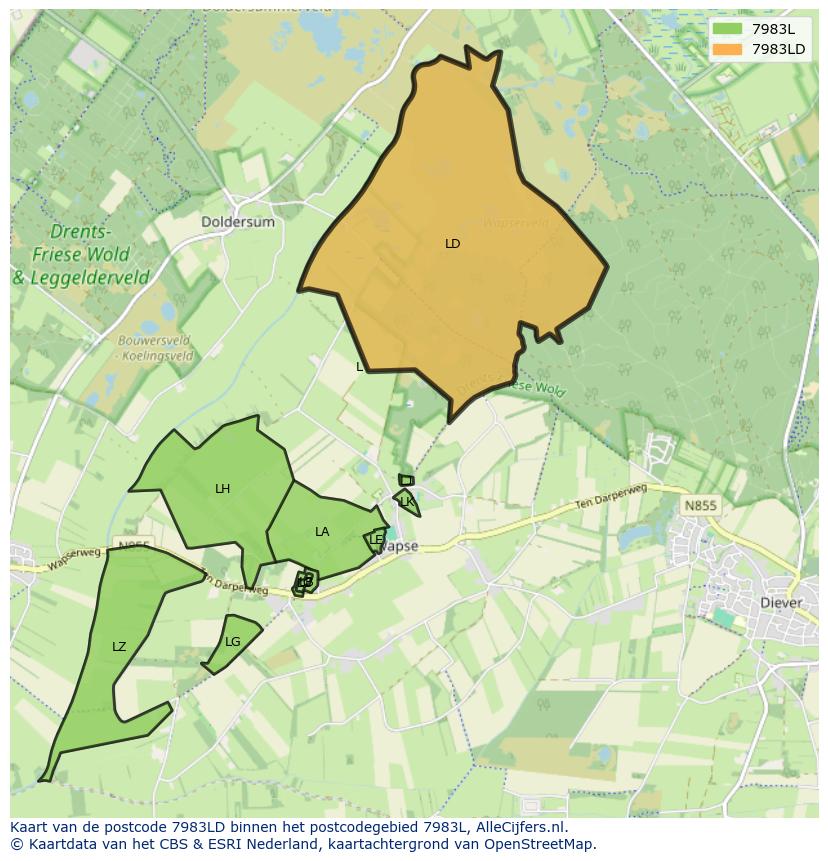 Afbeelding van het postcodegebied 7983 LD op de kaart.