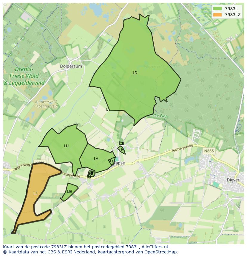 Afbeelding van het postcodegebied 7983 LZ op de kaart.
