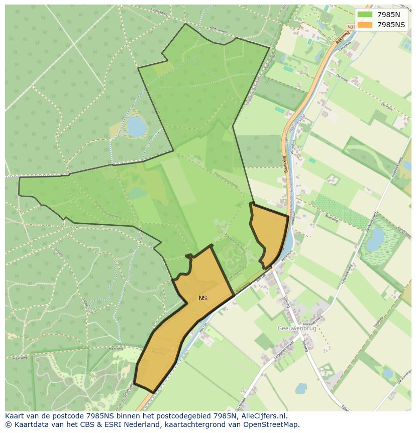Afbeelding van het postcodegebied 7985 NS op de kaart.