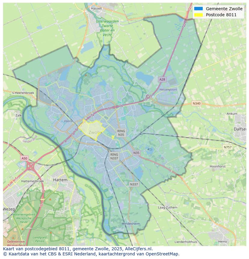 Afbeelding van het postcodegebied 8011 op de kaart.